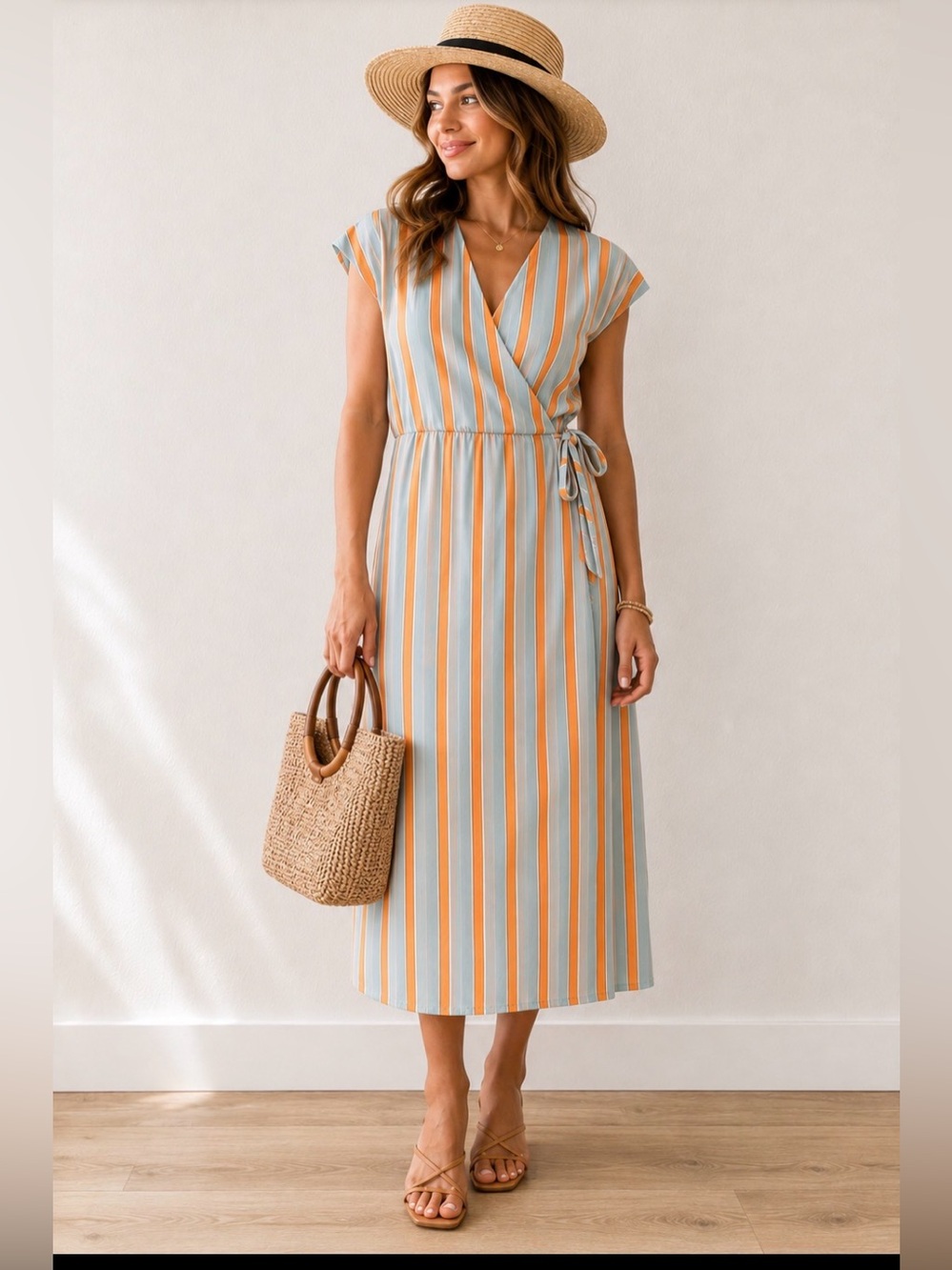 Grade & Gather Midi Wrap Dress in Orange and Pale Blue. Size Sm
